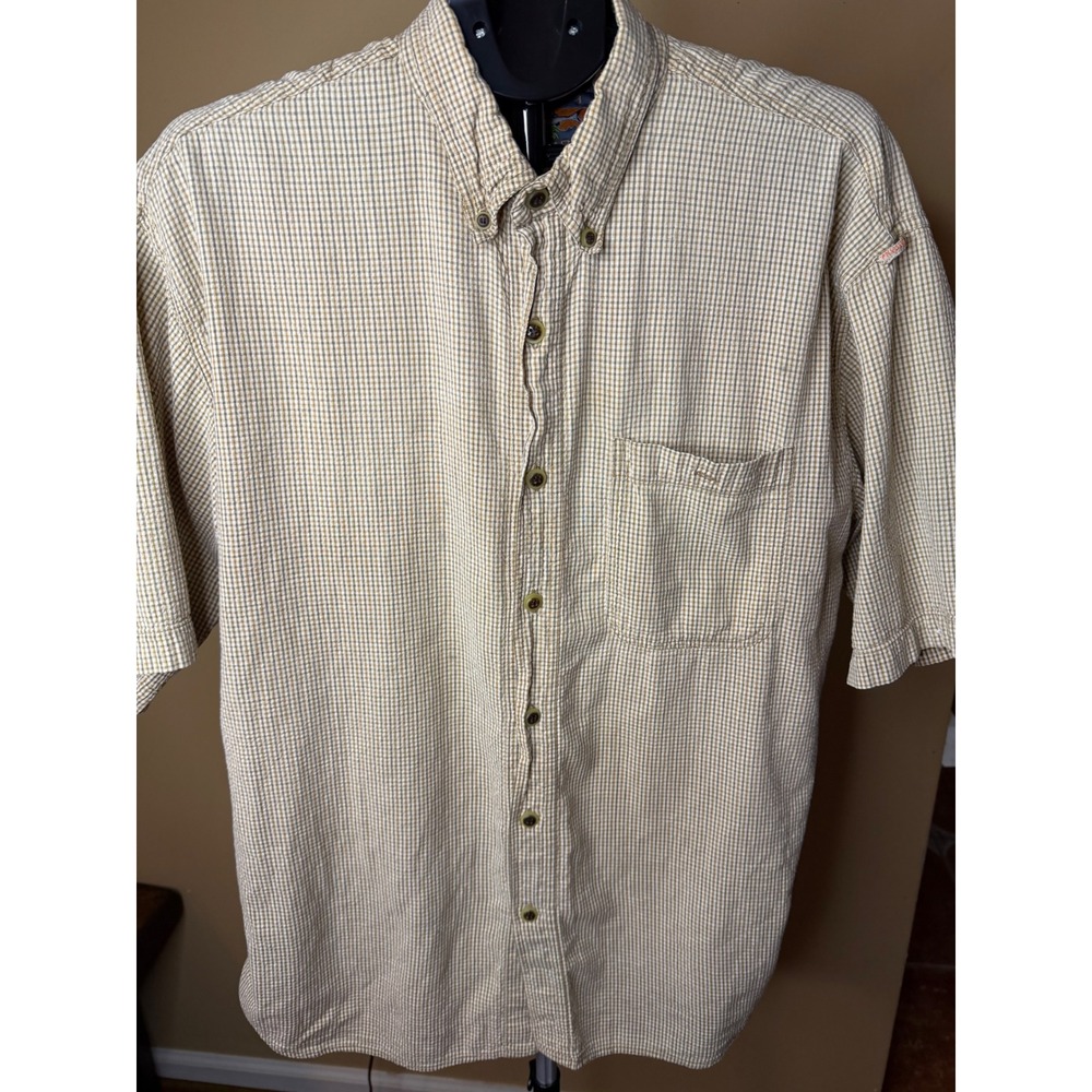 Fryday Club Mens Large Tan Micro Check Cotton Short‎ Sleeve Button Down Shirt